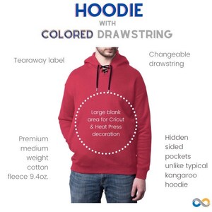 May include: Red hoodie with a colored drawstring, tearaway label, and hidden side pockets. Features a large blank area for decoration. Made of premium medium-weight cotton fleece, 9.4 oz.