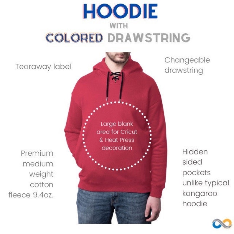 May include: Red hoodie with a colored drawstring, tearaway label, and hidden side pockets. Features a large blank area for decoration. Made of premium medium-weight cotton fleece, 9.4 oz.