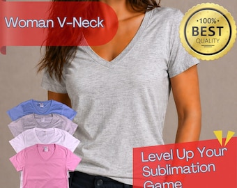 Women V Neck Sublimation Shirt 80/20 Poly Cotton Blend, Soft Cotton Feel Blank Tee, Bright Transfer, DTF Compatible, Bulk Shirts