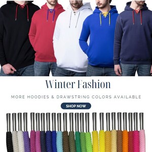 May include: A display of hooded sweatshirts in black, red, white, blue, and navy. Each hoodie features a lace-up neckline with contrasting drawstring colors. The image includes the text "Winter Fashion" and a variety of drawstring colors.