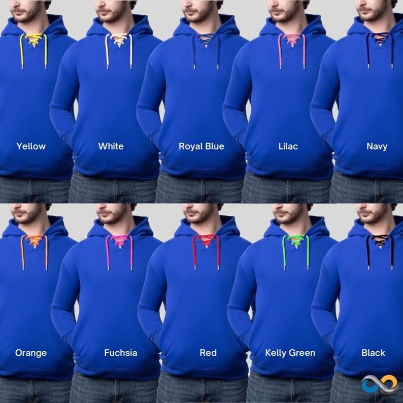 May include: A collection of royal blue hoodies with lace-up necklines. Each hoodie features a different color lace, including yellow, white, royal blue, lilac, navy, orange, fuchsia, red, kelly green, and black. The hoodies have a front pocket and a hood.