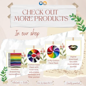 May include: A collage of four images showcasing different products available in a shop. The first image shows a variety of colorful hoodies with drawstring replacements. The second image shows a color wheel of cotton face masks with nose wire, adjustable earloops, and a filter pocket. The third image shows a color wheel of 3-ply cotton face masks. The fourth image shows a digital download of lips with motivational quotes. The text "CHECK OUT MORE PRODUCTS" is at the top of the collage, and the text "In our shop" is below it.