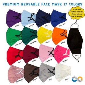 May include: A set of 17 reusable face masks in various colors, including purple, light blue, navy, royal blue, kelly green, dark green, red, maroon, brown, grey, yellow, light pink, white, orange, hot pink, and black. The masks are made of a soft, breathable fabric and have adjustable ear loops.