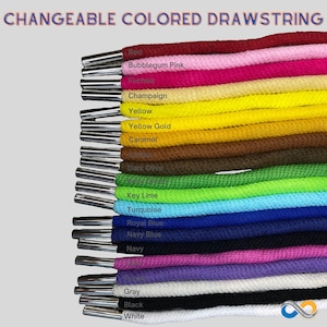 May include: A variety of colored drawstring cords with metal tips. The colors include red, bubblegum pink, fuchsia, champagne, yellow, yellow gold, caramel, dark olive, key lime, turquoise, royal blue, navy blue, navy, gray, black, and white.