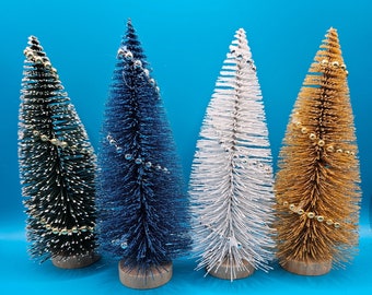 Bottle Brush Christmas Trees with garland Glitter 4 color choices White, Gold, Teal, Green  7.87&quot; tall great for displays or crafts!