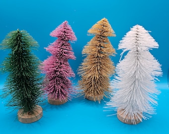 Bottle Brush Trees Tiered Style Christmas Glitter Gold Green Pink and White! 6&quot; tall retro Christmas