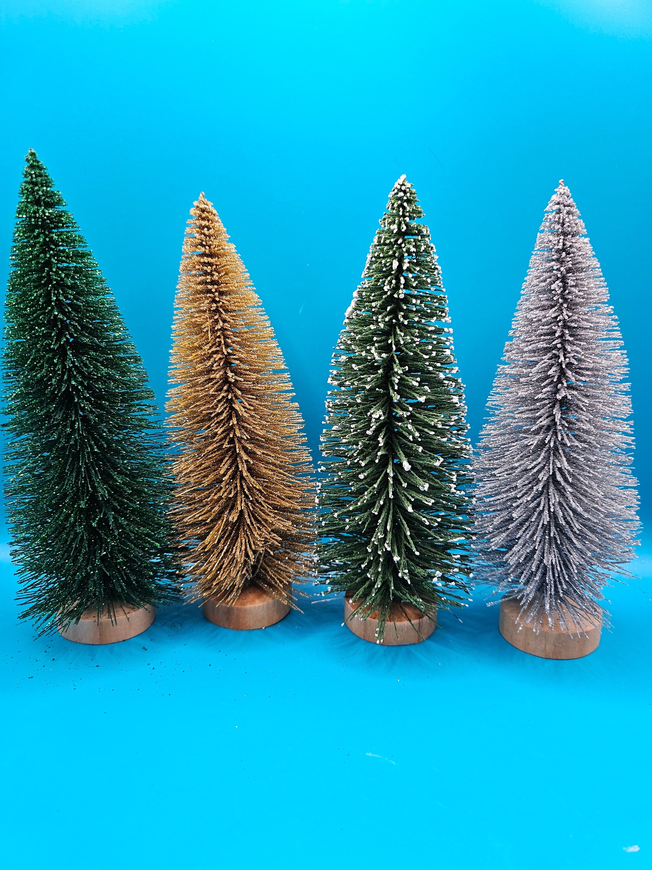 Bottle Brush Christmas Trees Retro Glitter Green, Gold and Silver, flocked Green each  8" tall. Great for Putz, Crafts, Layouts