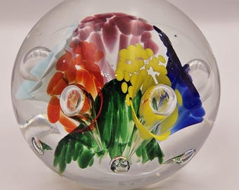 Vintage Glass Orb Paperweight Rainbow Trumpet Flowers Clear  w/ Controlled Bubbles Art Inside -Signed Joe Zimmerman 1977 - 3.75" Diameter