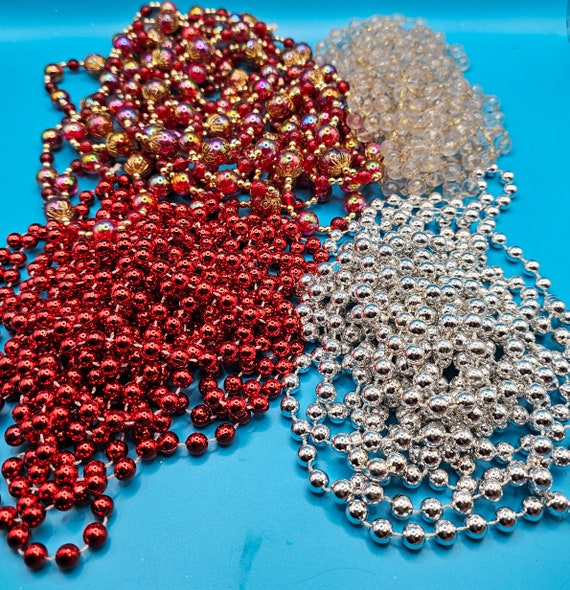 4 Strands of Beaded Garland for Christmas Tree or Crafting Red Silver,  Clear and Gold, Red Opal With Gold 50 Feet Total 