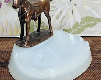 Vintage Brass Horse Figure on Glass Ashtray Base - Horse Saddled Reins Statue Decor - 1960's - Cigars Smoking Tobacciana Collectible