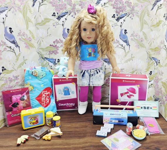 American Girl Courtney Moore Doll - 1980s Era - Clothes & Accessories - Care Bears Boom Box Mix Tape Halloween Pac-Man Lunch Box