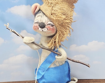 Vintage Annalee Fishing Mouse - 1971 - Grey Mouse in Overalls with Fish Pole Burlap Hat - Rare Annalee - Boy Mouse Country Boy - EUC