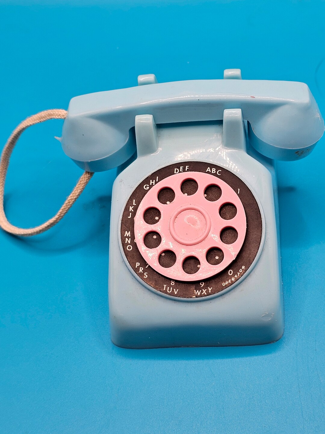 Vintage Toy Rotary Phone Blue With Pink Dial Bell Rings When Dial Turns