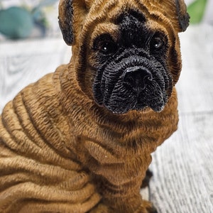 May include: A detailed figurine of a Shar Pei puppy. The puppy has a brown and black color scheme, with a wrinkled face and a focused gaze. The figurine is made of a durable material and is a decorative item.