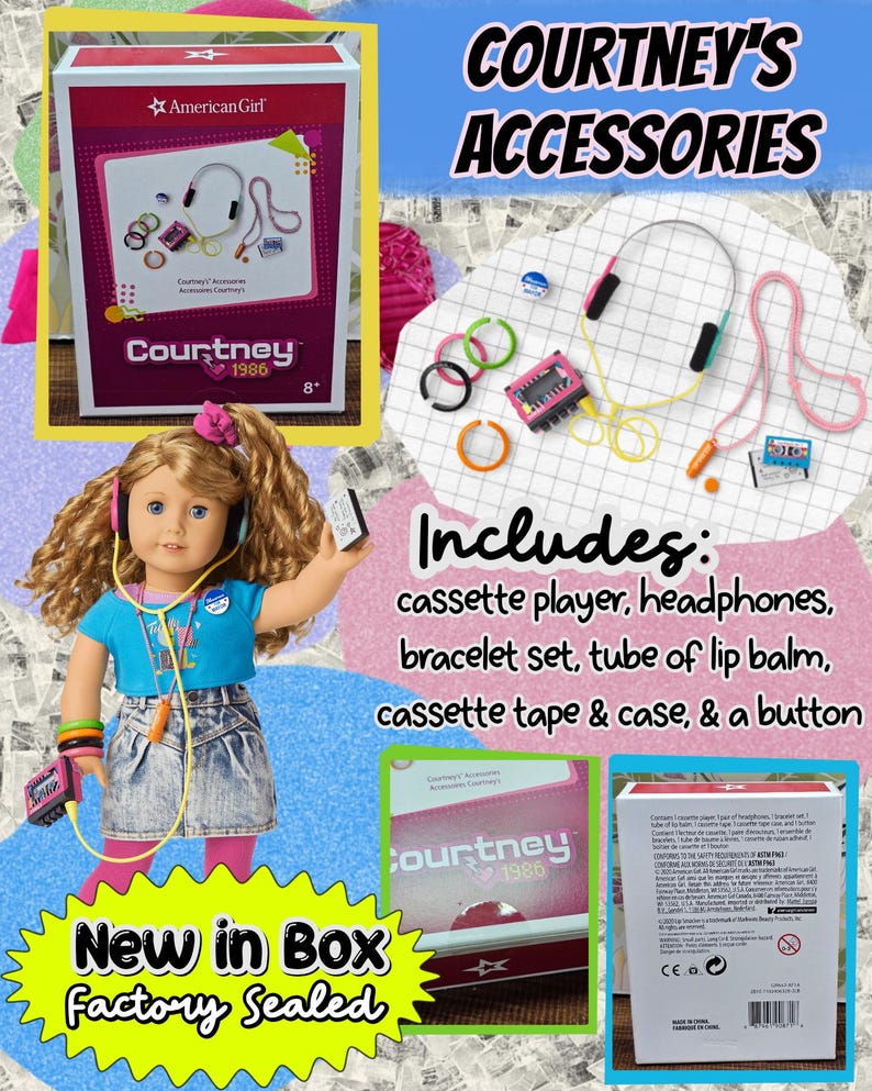 American Girl Courtney Moore Doll - 1980s Era - Clothes & Accessories - Care Bears Boom Box Mix Tape Halloween Pac-Man Lunch Box bild 12