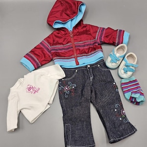 American Girl Doll Ready for Fun - 6th Just Like You Meet Outfit - 2004-6 Retired Set - Windbreaker Jacket Top Jeans Pants Socks Sneakers