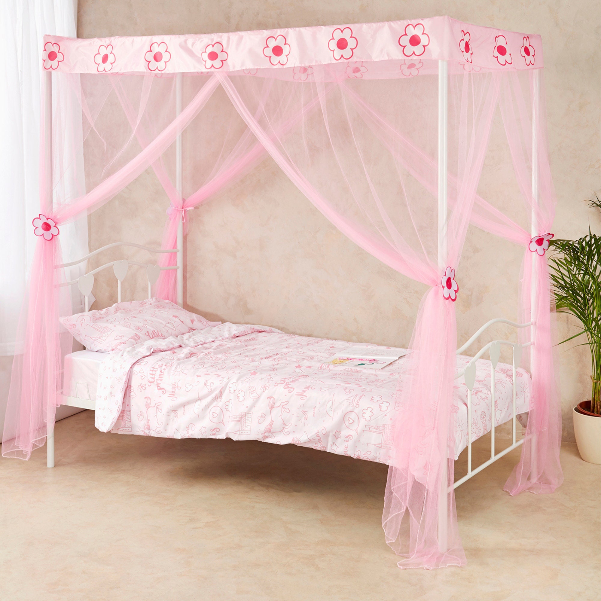Princess Bed Canopy 4 Poster Style Pink Flower Bedding Room Etsy