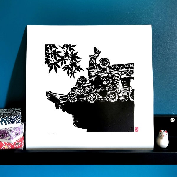 Temple #1 - Black linocut print, the first in a series of handmade monochrome prints depicting details of Japanese temples.