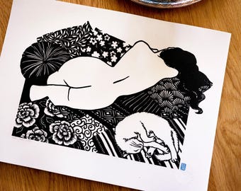 Daydreaming #2 limited edition: black linocut print, handcut & handprinted on Arches's Velin BFK Rives paper and numbered 1 to 20.