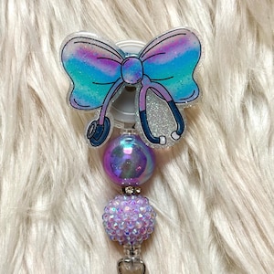 Stethoscope Bow Badge Reel, Coquette Bow Badge, Unique Badge, Beaded Badge Holder, Glitter Badge, Funny Badge Reel, ID Holder, Nurse Gift