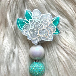 Magnolia Flower Badge Reel, Cute Spring Summer Badge Reel, Glitter Badge, ID Tag Holder, Retractable Badge, Nurse Gift, Teacher Gift