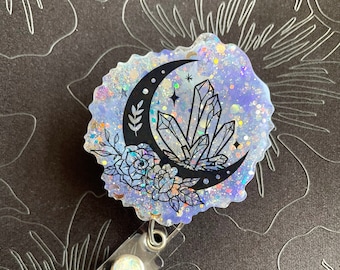 Moon Badge Reel, Flower Badge Reel, Crystal Badge Reel, Witchy Badge Reel, Geode Glitter Badge Reel, Retractable Badge, Cottagecore Badge