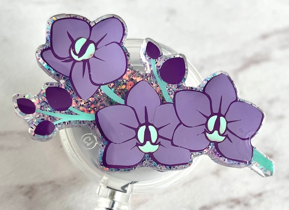 Orchid Badge Reel, Flower Badge Reel, Glitter Badge Reel