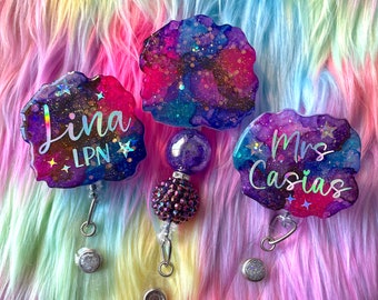Galaxy Badge Reel, Custom Badge Reel,  Mystical Badge, Badge Holder, Geode Glitter Badge, Name Tag Holder, Retractable Badge