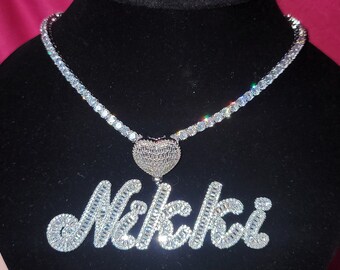 Custom Icy Heart Baguette Name Necklace Pendant,personalized