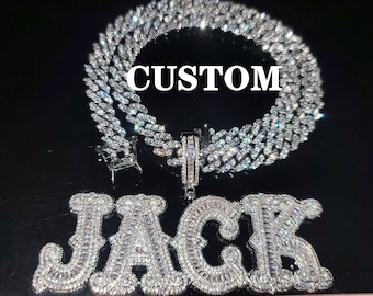 Iced Out Personalized Big Name Pendants with Cuban Link Chain,Custom Baguette Letters Necklace,Customized Hip Hop Jewelry,Gift For Her