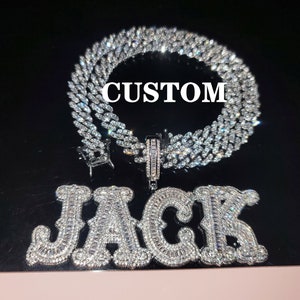 Iced Out Personalized Big Name Pendants with Cuban Link Chain,Custom Baguette Letters Necklace,Customized Hip Hop Jewelry,Gift For Her
