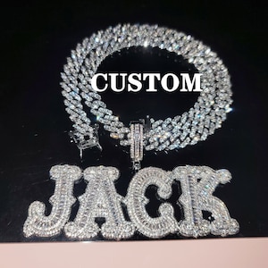 Iced Out Personalized Big Name Pendants with Cuban Link Chain,Custom Baguette Letters Necklace,Customized Hip Hop Jewelry,Gift For Her