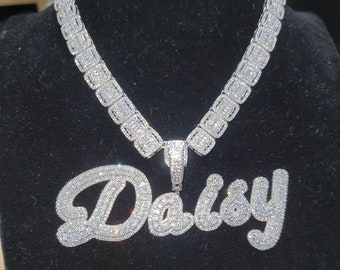 Iced Out Big Personalized Cursive Name Pendants Baguette Chain,Solid Back Name Plate Choker,Custom Name Necklace,Prom Jewelry,Gifts for Her