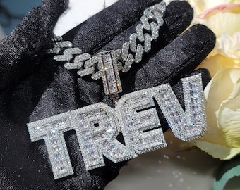 Iced Out Personalized Baguette Letter Pendants,Cuban Link Chain,Custom Name Necklace,Hip Hop Jewelry,Birthday Gifts