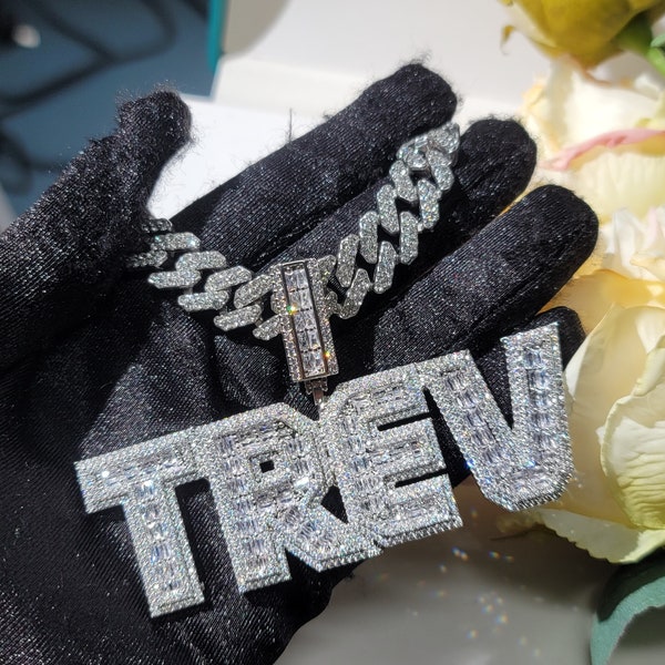 Iced Out Baguette-Buchstaben, personalisierte Namenskette mit Cuabn-Gliederkette, individuelle Namenskette, Hip-Hop-Rapper-Schmuck für seinen Geburtstag