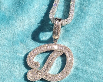 Initial Pendant Necklace with Icy Tennis Chain,Gift for Her,Cubic Zirconia Baguette Letters Necklace for Women,Personalized Birthday Jewelry