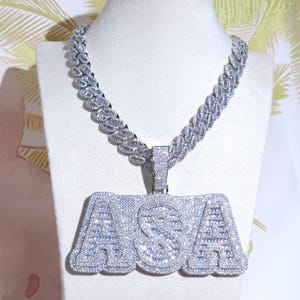 Iced Out Jumbo Letter Custom Baguettecz Word Pendant,15mm Diamond Cuban Link Chain,Personalized Name Chain,Custom Necklace,Gifts for Him