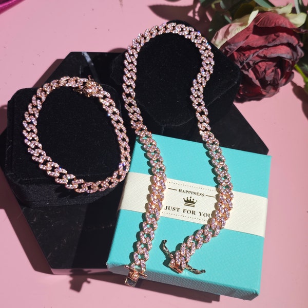 2 Pcs A Set Pink Cuban Link Bracelet and Necklace Choker,9mm Prong Diamond Mini Cuban Chain for Women,Iced Out Necklace Choker,Icy Jewelry