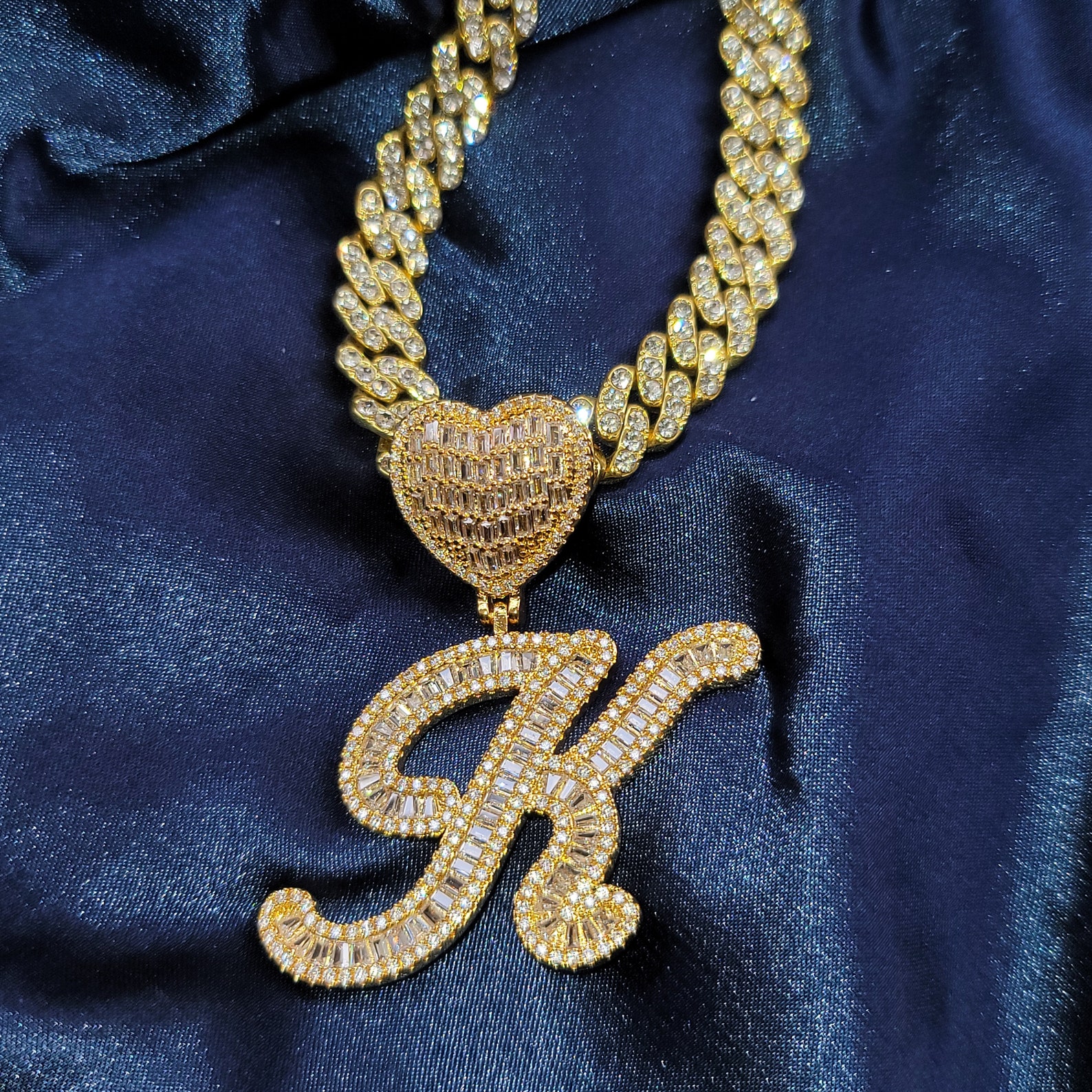 Icy Square Diamond Heart Clasp Initial Necklace With Cuban Etsy