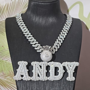 Collar con letras Baguettecz y bolsa de dinero personalizada con cadena cubana, collar personalizado, colgante con nombre helado, joyas personalizadas, regalos de cumpleaños