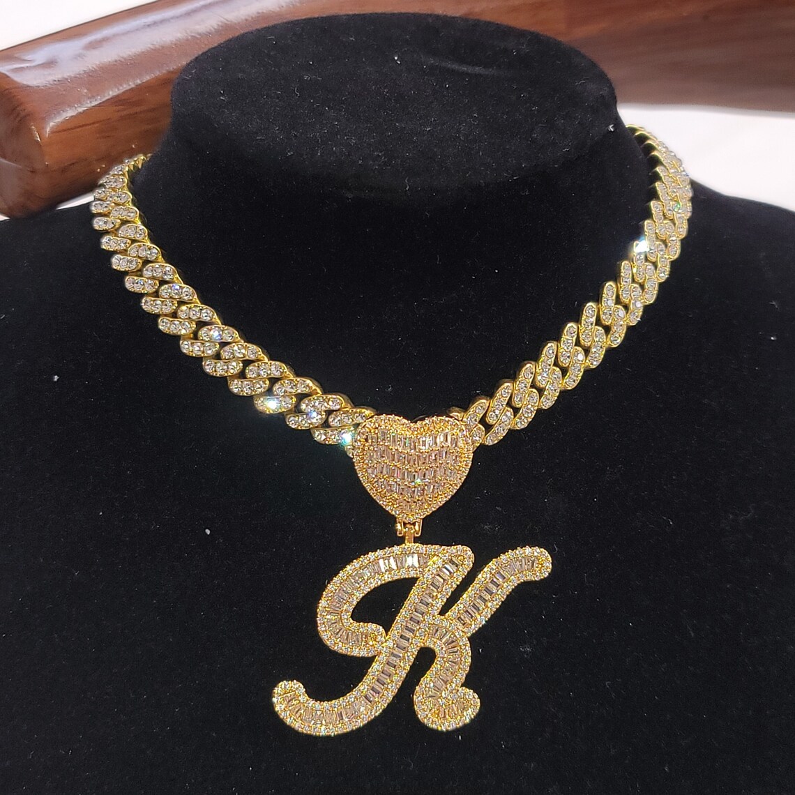 Icy Square Diamond Heart Clasp Initial Necklace With Cuban Etsy