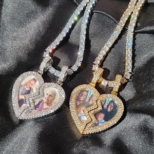 Personalized Broken Heart Magnetic Picture Pendant,Iced Out Half Heart Photo Frame Necklace Chain,Engrave Memory Jewelry for Wife Lovers