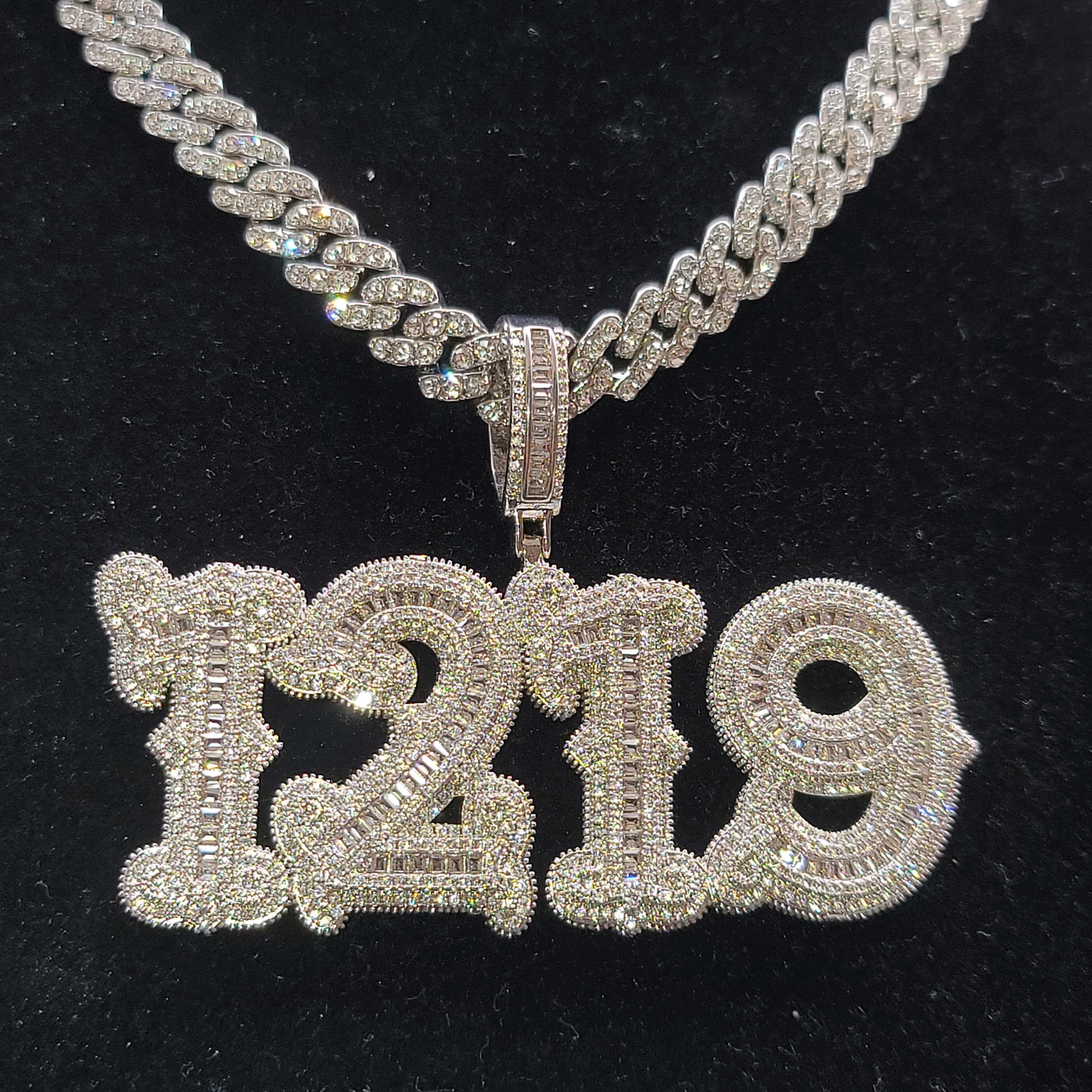 Custom Big Baguettes Number Name Necklace With Cuban Chain