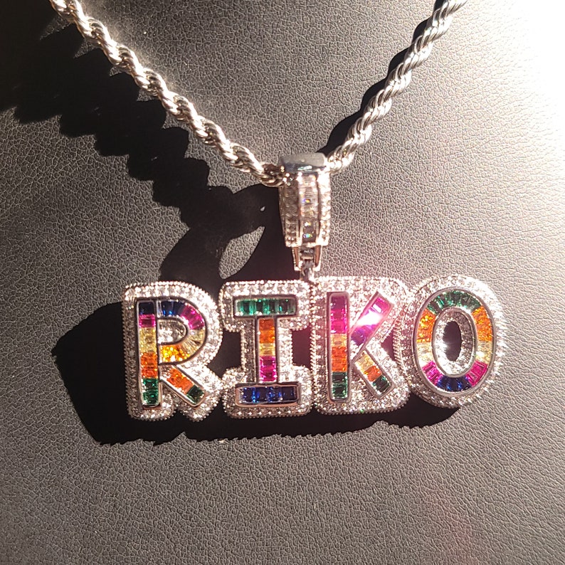 Personalized Icy Baguette Letter Necklace: Custom Rainbow Color Name ...