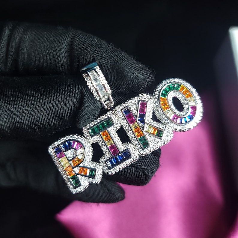 Personalized Icy Baguette Letter Necklace: Custom Rainbow Color Name ...