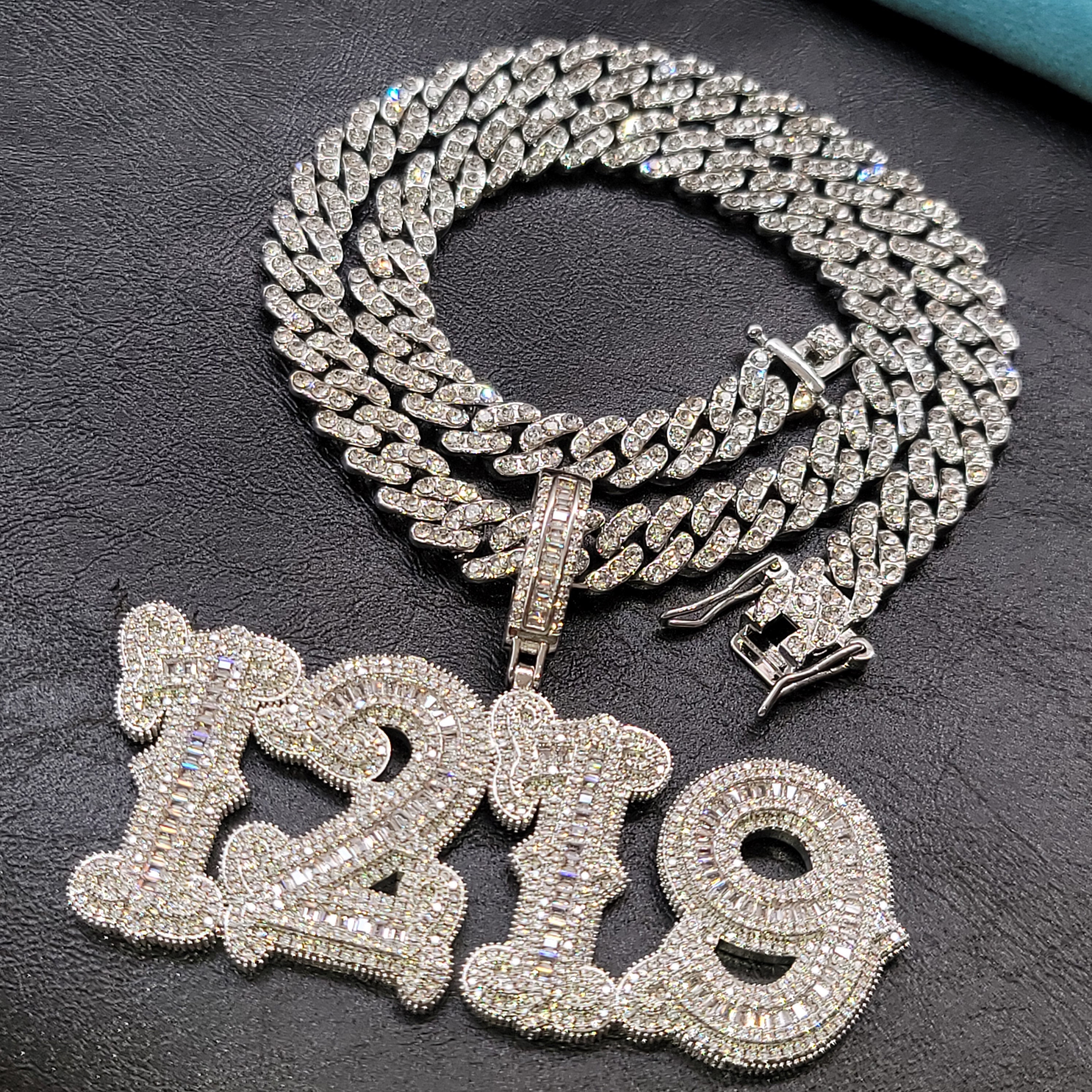 Custom Big Baguettes Number Name Necklace With Cuban Chain