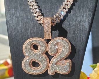 Customize 2-Tone Big Number Name Charm Pendant with Cuban Chain,Iced Out Custom Necklace,Gift For Him,Personalized Hiphop Birthday Jewelry