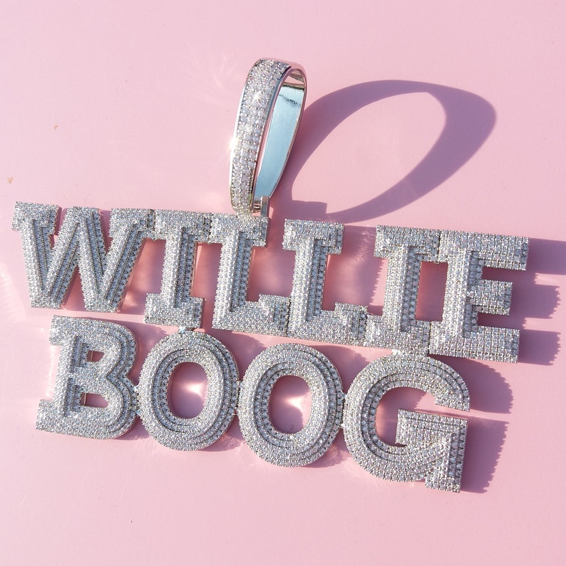 Willie Lettering Block Custom Iced Out Block Letter Charm Necklace: Stack Name Pendants, Cuban ...