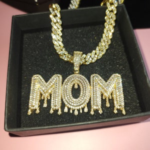 Collar helado de letras de burbujas de goteo con cadena cubana, gargantilla colgante de nombre personalizado, joyería de nombre personalizado, regalo de cumpleaños para mamá / ella / él