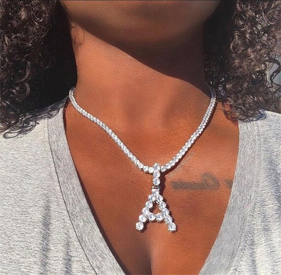 Diamond Initial Necklace a z 26 Alphabet Pendant cubic Zircon Icy